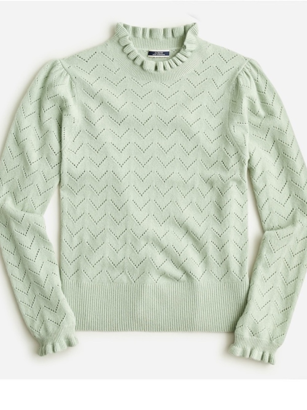 J. Crew 100% Cashmere Mint Pointelle Ruffle Mock Neck Sweater